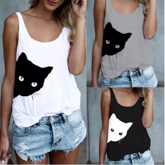 BB Boutique Tops - Black Cat Ladies Tank Top in Gray
